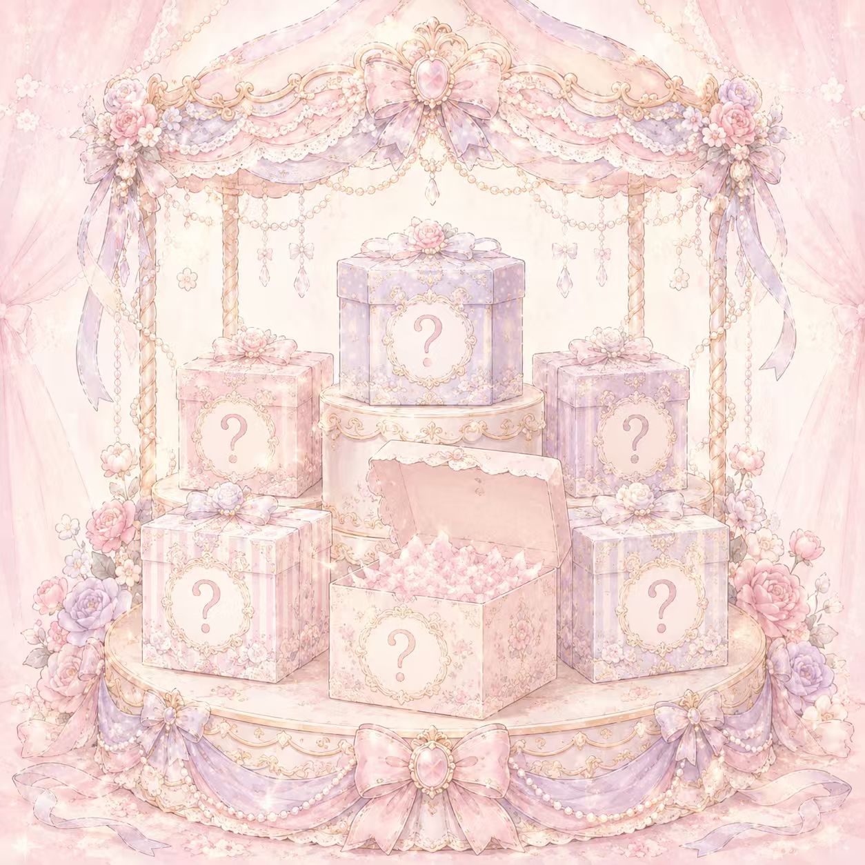 Ornate pastel mystery gift boxes with floral patterns, bows, and question marks.