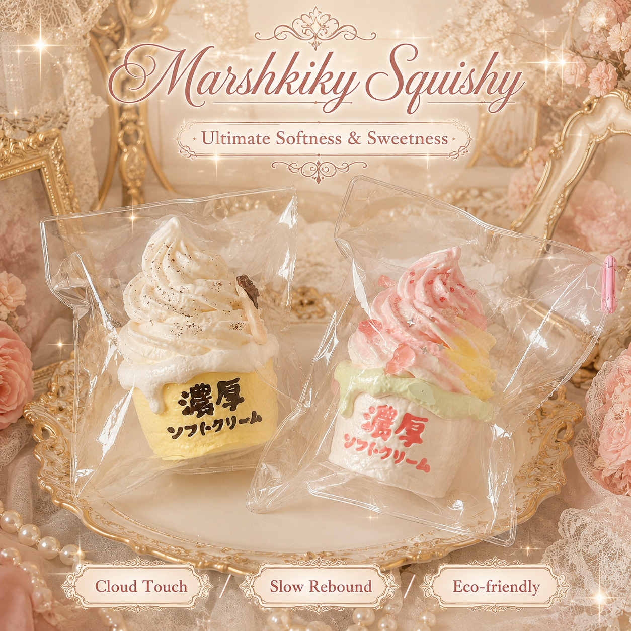 Two pastel ice cream cone squishies displayed among pink flowers, lace, and pearls.