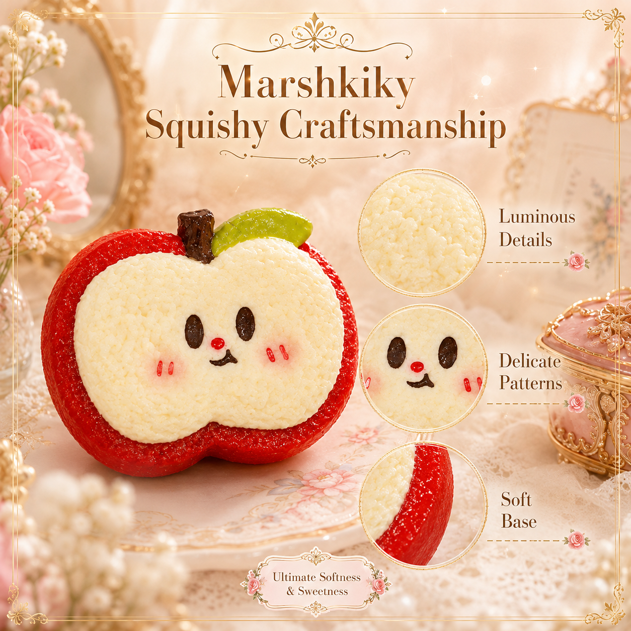 Red apple character squishy with a smiling face, green leaf, and soft white center.
