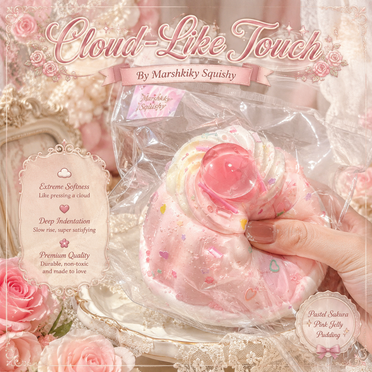 Pastel pink jelly pudding squishy with white swirls, hearts, and star sprinkles.