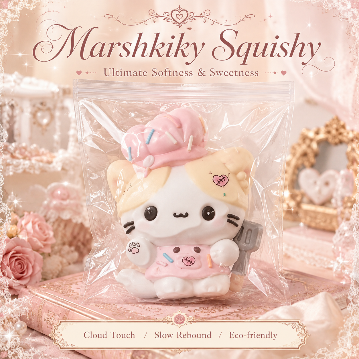 Pastel cat character squishy in clear packaging with pink heart and sprinkle details.