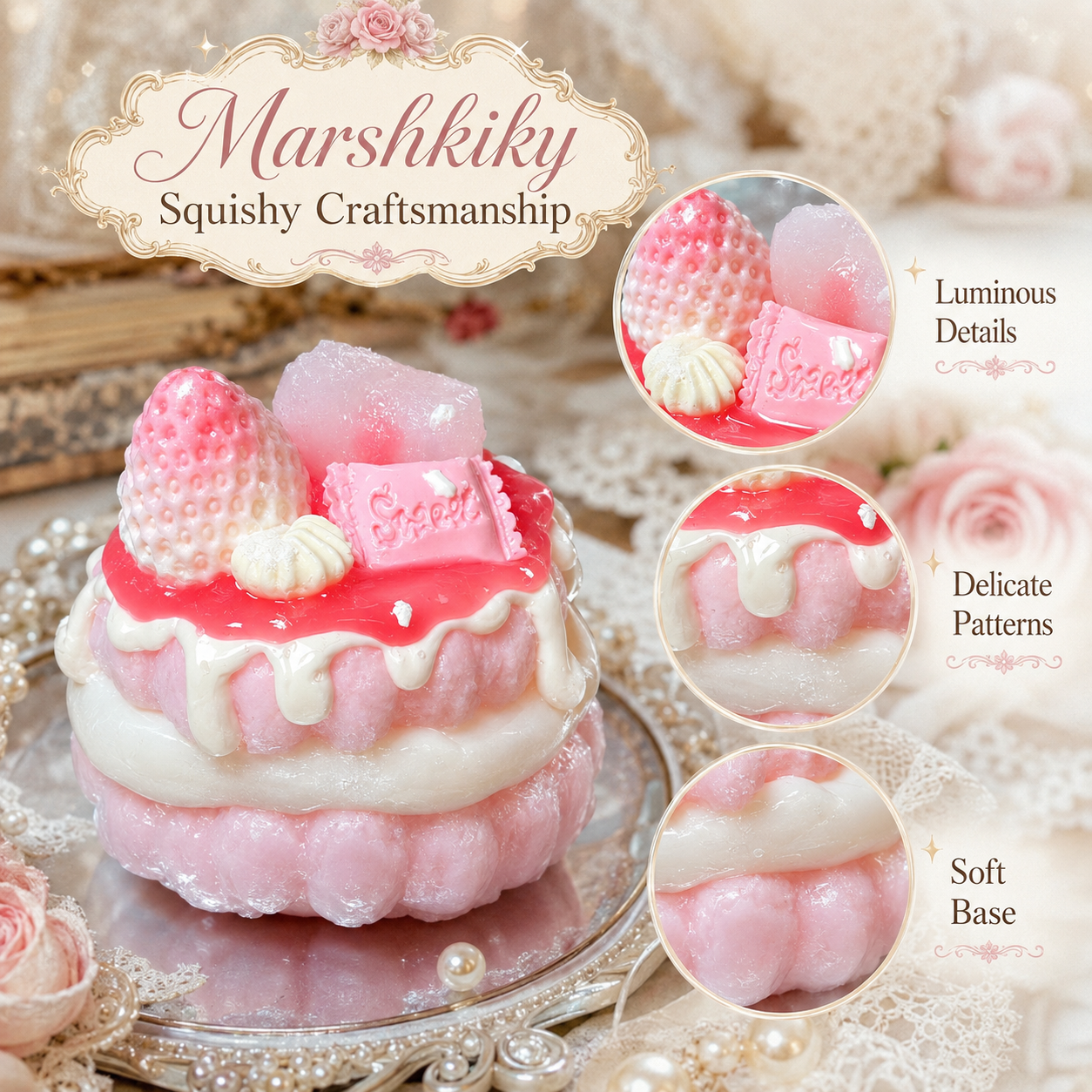 Pink and white strawberry cake squishy displayed on a vintage silver tray.