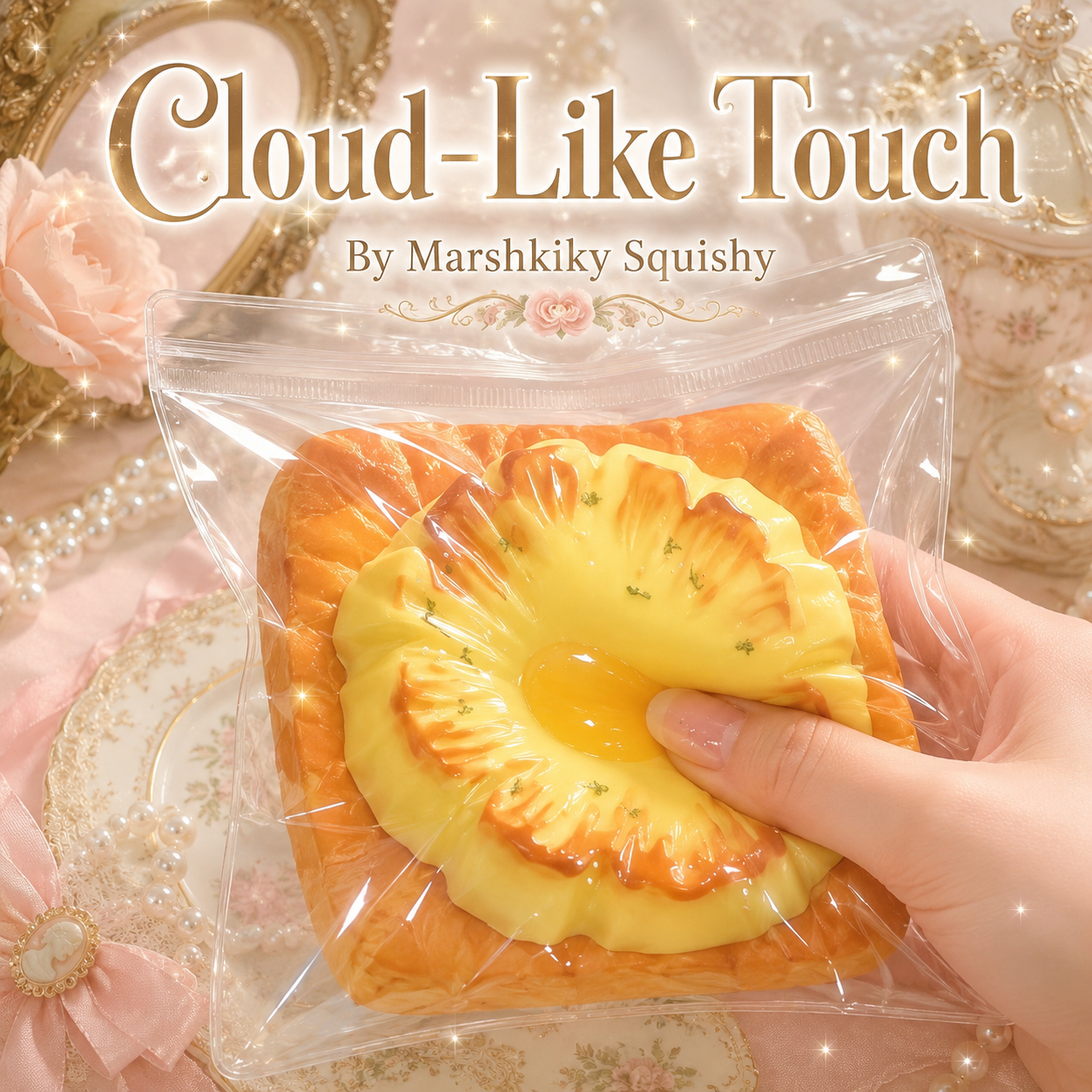 Pineapple-topped pastry squishy in clear packaging with vintage pastel decorations.